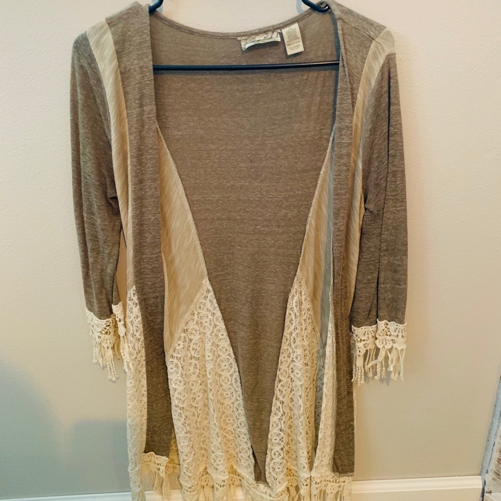 Green and tan duster sweater